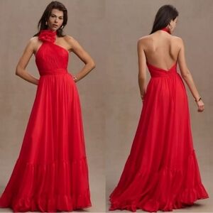 Anthropologie Red Mac Duggal Asymmetrical Halter A-line Gown - Open Back - Sz 4